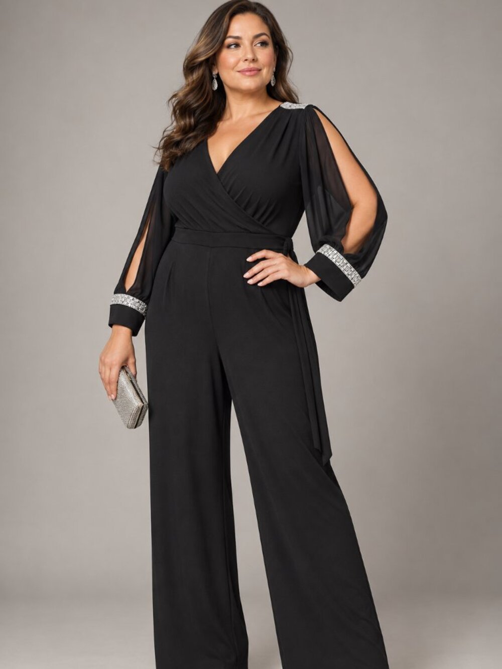 JM Studio John Meyer Black Crystal Split-Sleeve Jumpsuit Size 14